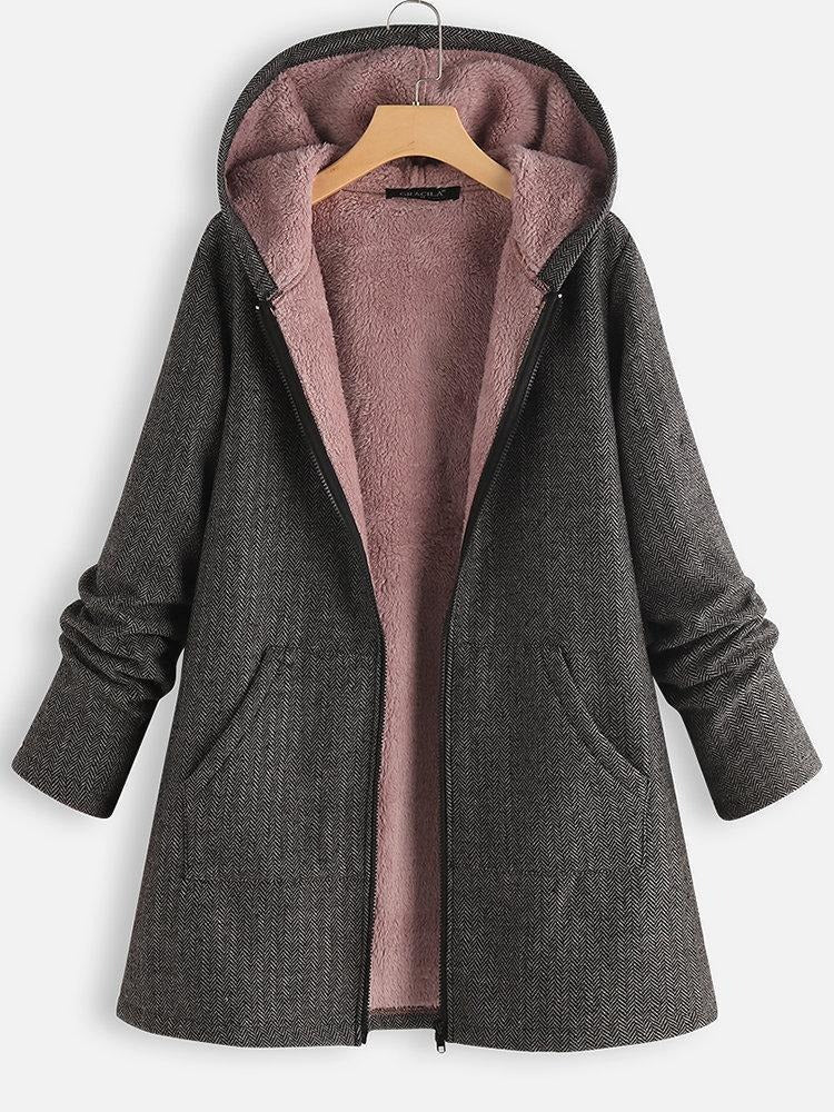Solid Color Hooded Zipper Long Sleeves Fleece Warm Coat
