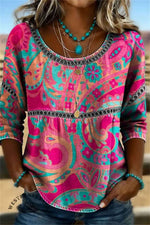 Women's Multi Paisley Round Neck 3/4 Sleeve Blouse