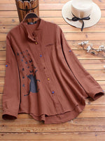 Women's Collared Neck Cat Print Long Sleeves Shirt