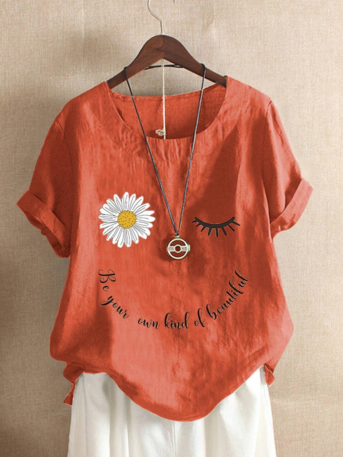 Daisy Letter Print Round Neck Short Sleeves T-shirt