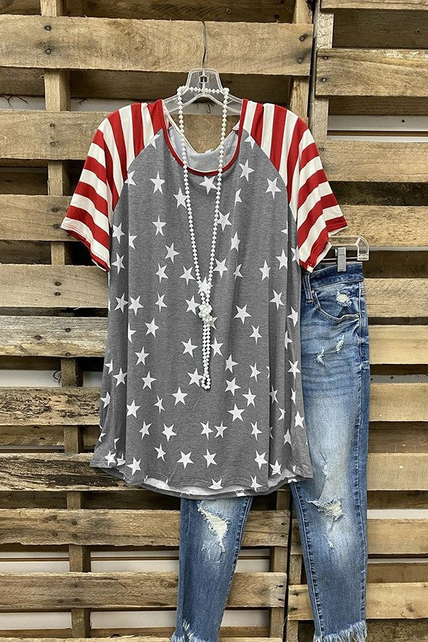 Star Stripe Print Round Neck Short Sleeves T-shirt