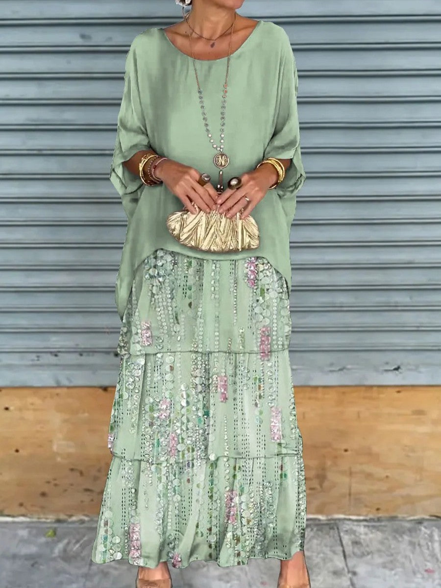 Women's 3/4 Sleeves Scoop Neck Graphic Two Pieces Maxi Dress