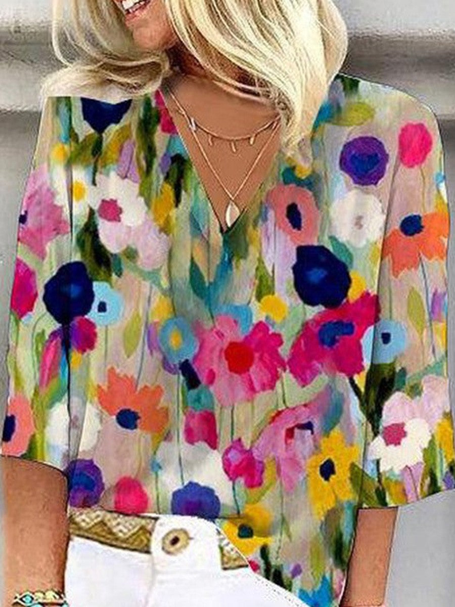 Romantic 3/4 Sleeves Floral Print V-neck Blouse