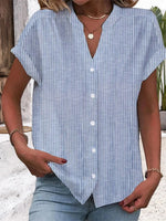 Blue Striped V Neck Short Sleeve Blouse