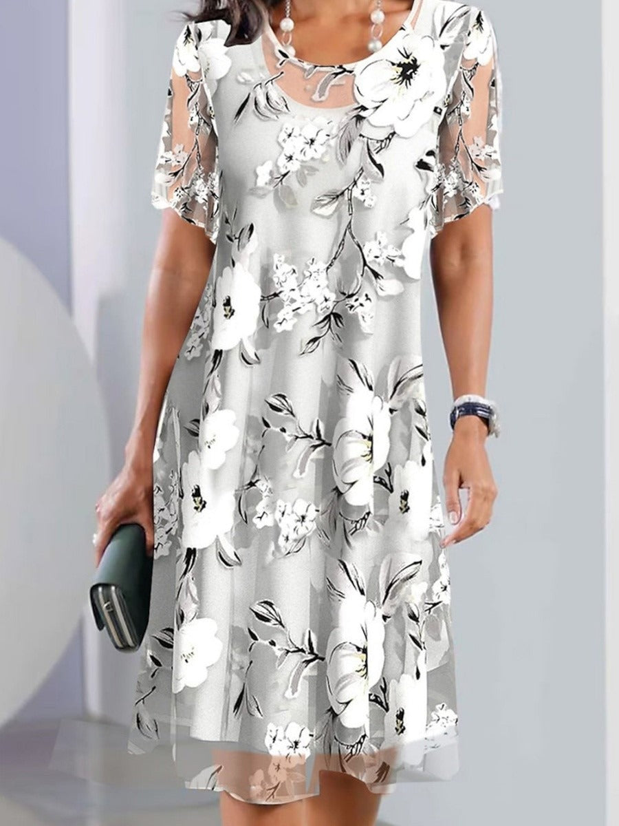 Elegant Floral Crew Neck Short Sleeve Midi Dress