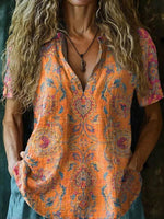 Vintage Ethnic Print V-neck Short Sleeve Tops