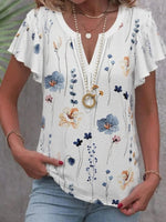 Elegant Floral Print V-neck Short Sleeves Blouse