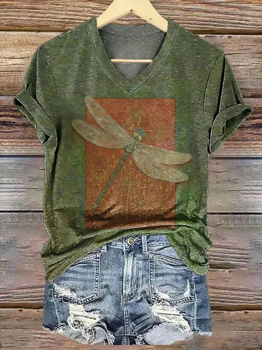 Vintage Dragonfly Print V-neck Short Sleeve T-Shirt
