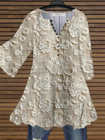 3/4 Sleeve V-neck Graphic Buttons Tops