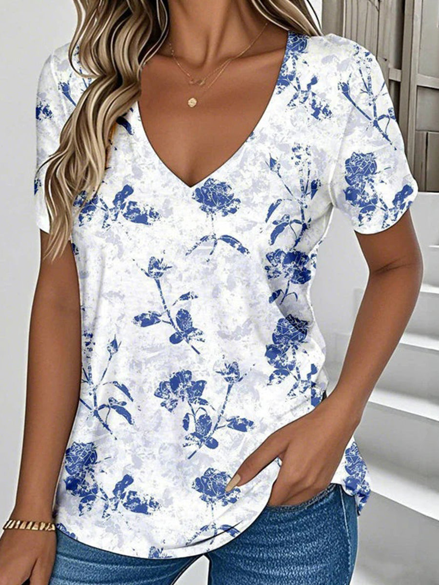 Retro Floral Print V-neck Short Sleeve T-Shirt