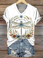 Dragonfly Floral Print V-Neck Short Sleeve T-Shirt