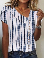 Striped Button V-Neck Short Sleeve Tops