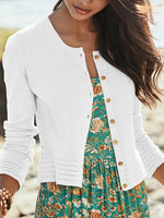 Plain Crew Neck Long Sleeve Buttons Vacation Cardigan