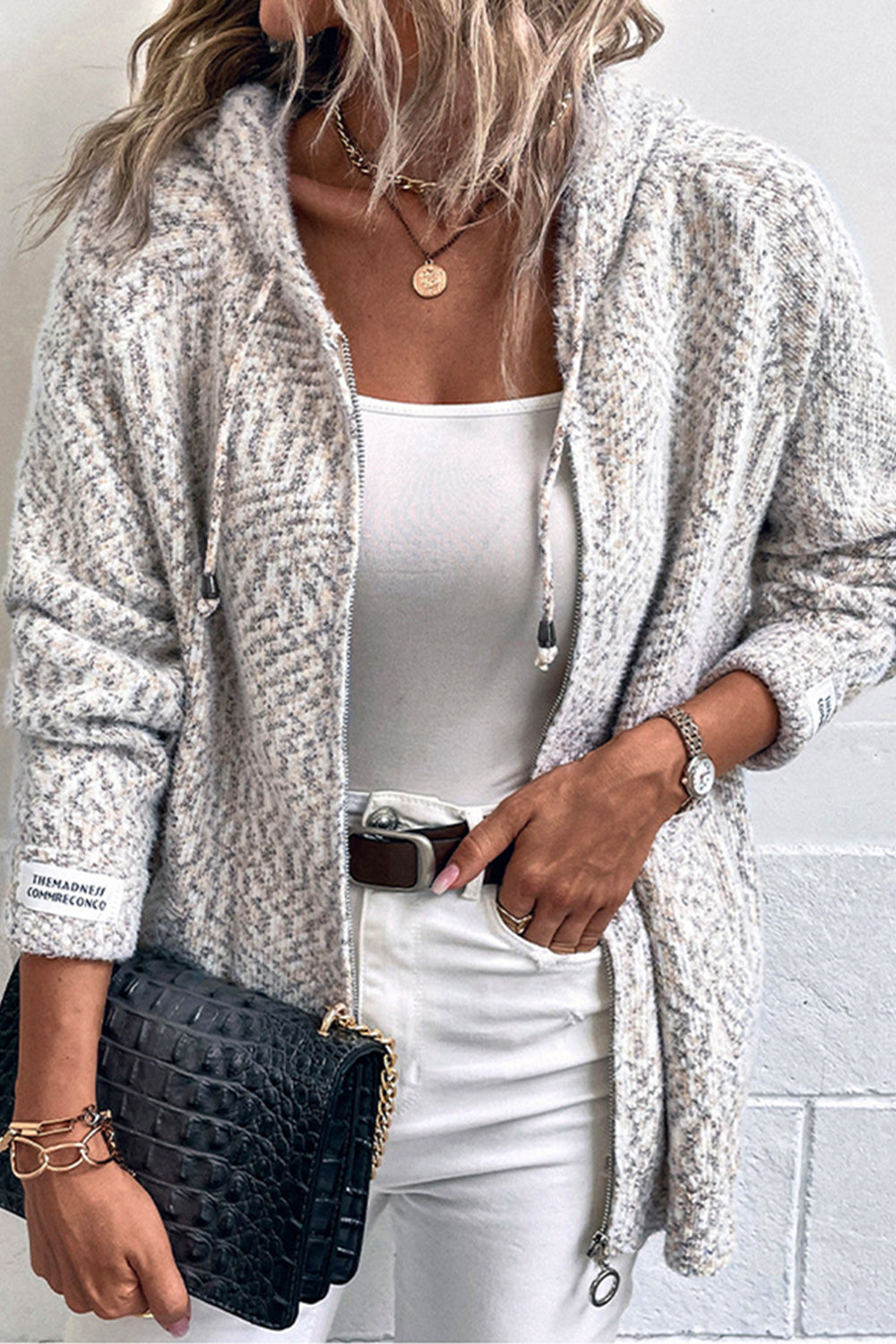 Geometric Hooded Long Sleeve Pocket Stitching Casual Cardigan