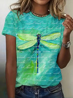 Dragonfly Print Round Neck Short Sleeve Daily Comfy T-Shirt