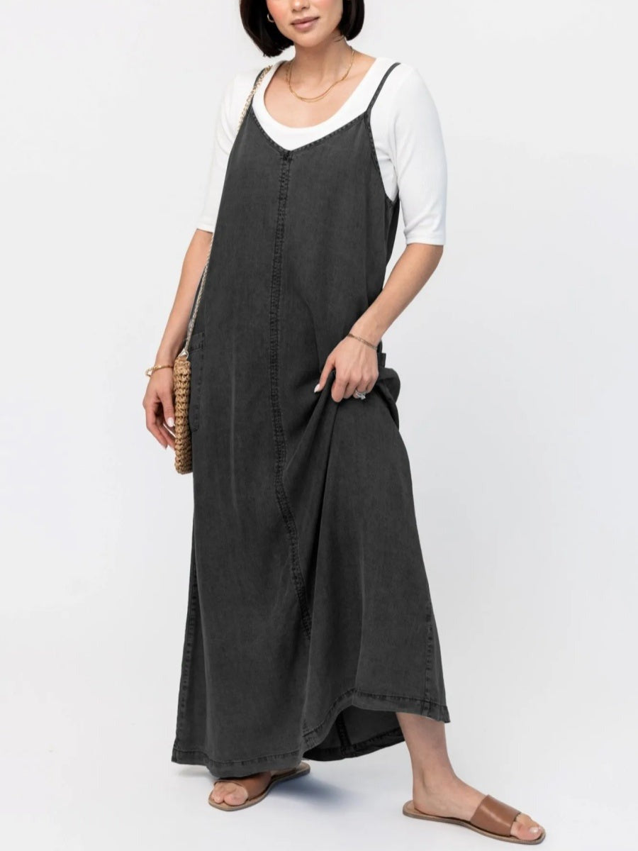 Plain V-neck Sleeveless Pockets Casual Denim Maxi Dress