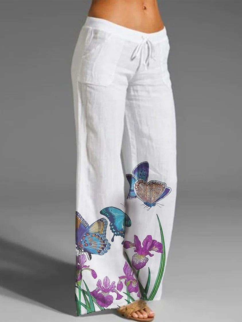 White Butterfly Print Drawstring Elastic Waist Pockets Loose Pants