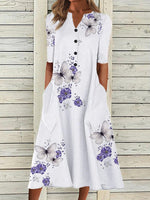 White Floral Printed V-neck Short Sleeve Midi Dress