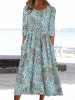 Fashion Round Neck 3/4 Sleeve Midi Dress