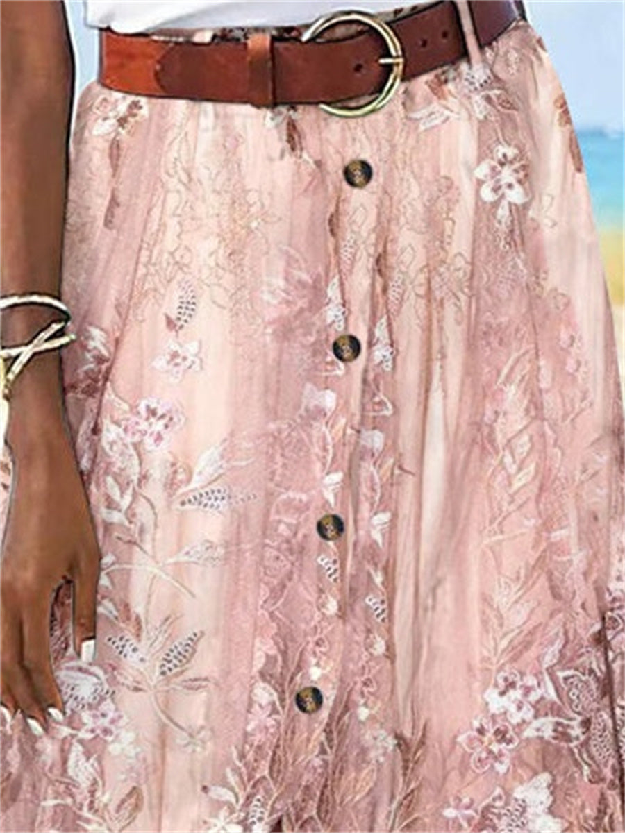 Floral Printed Graphic Straight Fashion Split Button Maxi High Waist Skirt