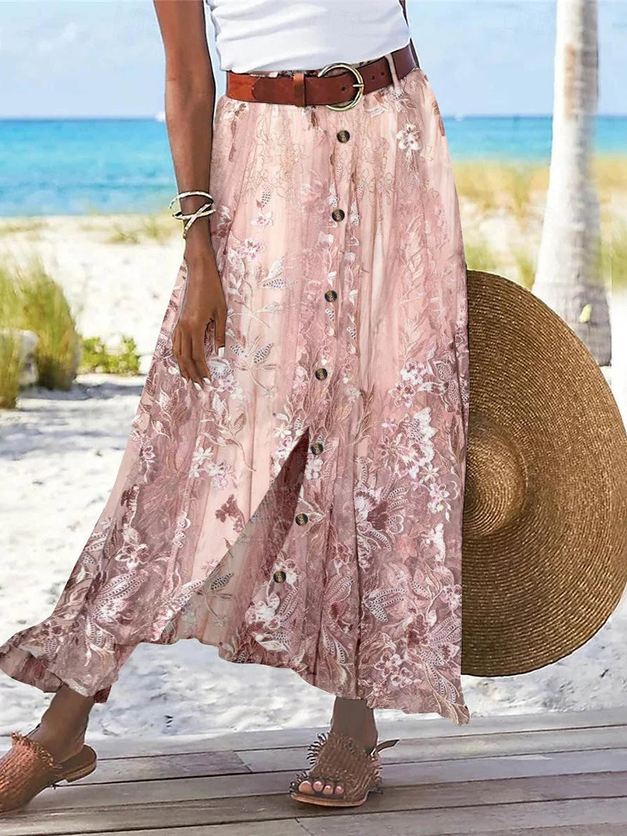 Floral Printed Graphic Straight Fashion Split Button Maxi High Waist Skirt