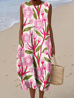 Vintage Floral Print Round Neck Sleeveless Midi Dress