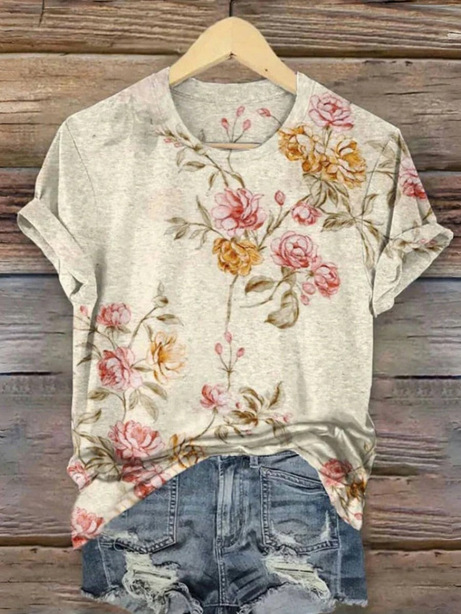 Floral Print Round Neck Short Sleeve T-Shirt