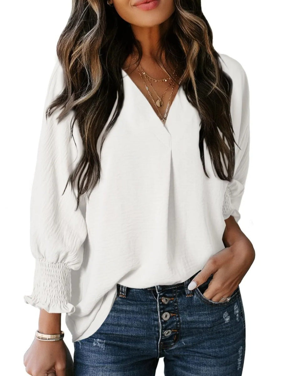 Solid Color V Neck Long Sleeve Loose Blouse