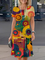 Multicolor Abstract Print Round Neck Short Sleeve Casual Mini Dress