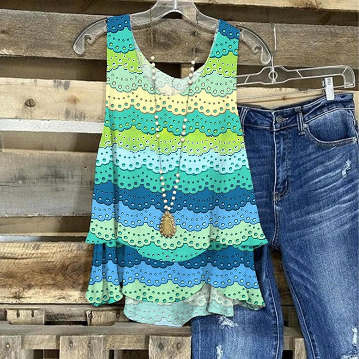 Green Wavy Ruffled V Neck Sleeveless Comfy Tank Top