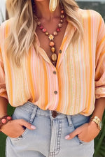 Stripe Print Shirt Collar Long Sleeve Button Casual Blouse