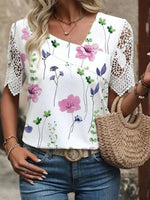 Floral Print V-neck Short Sleeve Tops