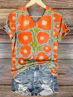 Floral Print V-neck Short Sleeve Daily Comfy T-Shirt