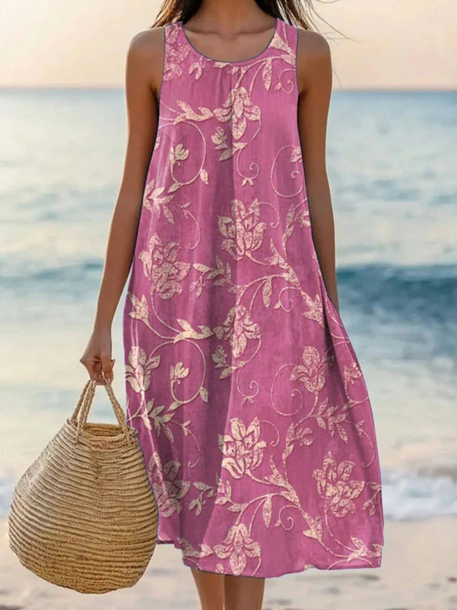 Vintage Floral Print Crew Neck Sleeveless Comfy Rose Maxi Dress