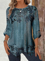 Vintage Floral Print Scoop Neck Long Sleeve Irregular Hem Blouse