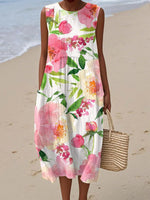 Floral Print Crew Neck Sleeveless Vintage Midi Dress