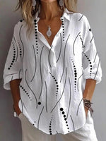 Geometric Print Collared Long Sleeve Casual White Blouse