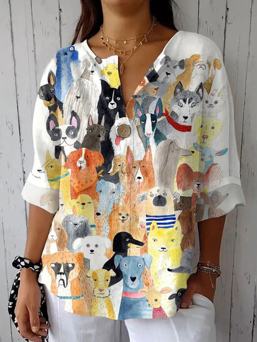 Cute Cartoon Animal Print V-neck 3/4 Sleeve Casual Blouse