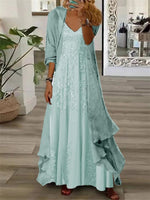 Solid Color Floral Print V-neck Long Sleeve Comfy Two Pieces Maxi Dress