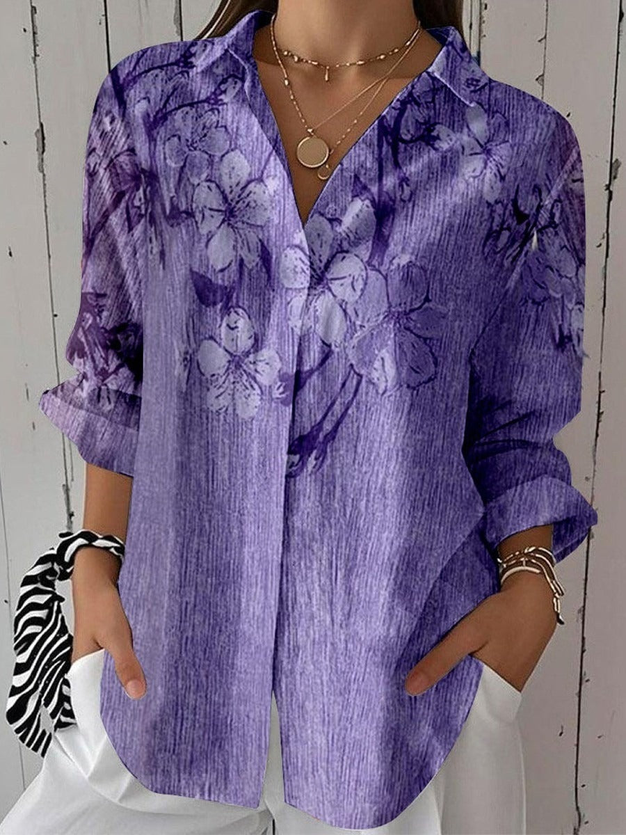 Purple Floral Printed Lapel 3/4 Sleeve Purple Tops