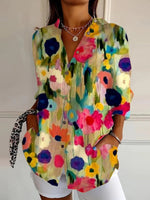 Elegant Floral Print Lapel Long Sleeve Tops