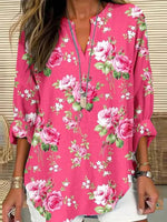 Floral Print V-neck Long Sleeve Tops
