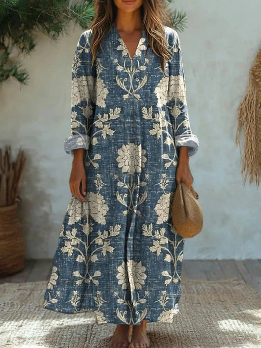 Vintage Floral Print V-neck Long Sleeve Loose Maxi Dress