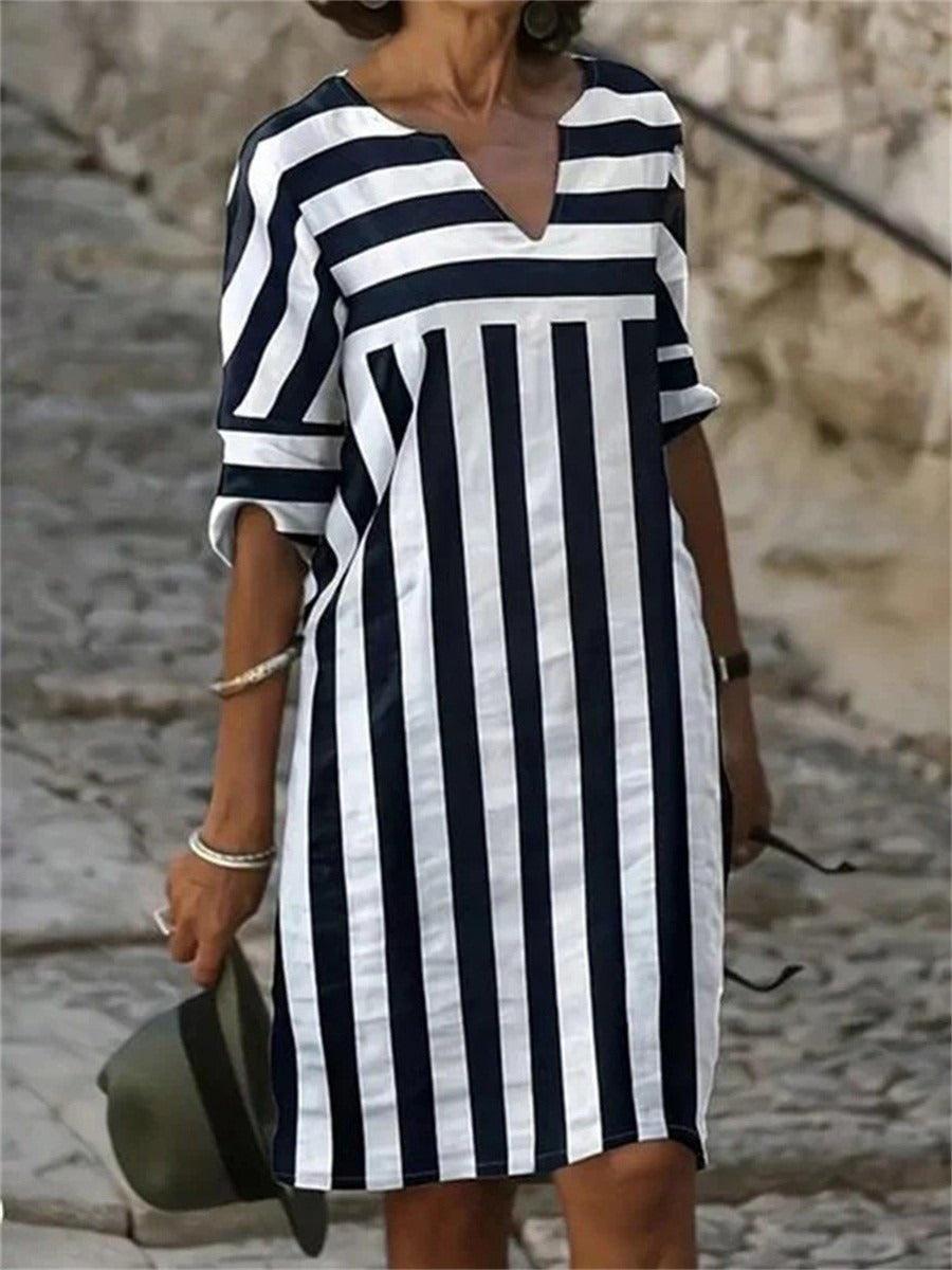 Striped V-Neck Long Sleeve Mini Dress