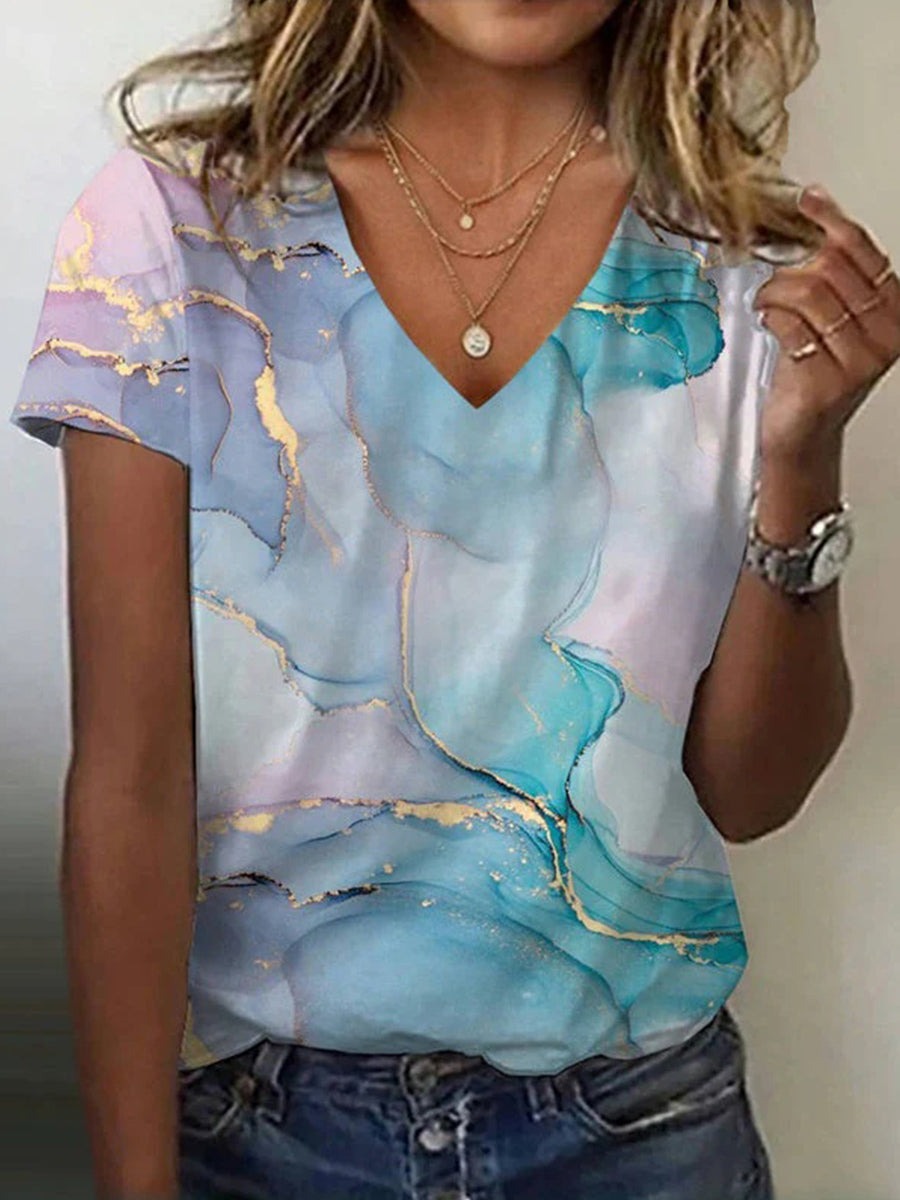 Gradient Color V-neck Short Sleeve Casual Loose T-Shirt