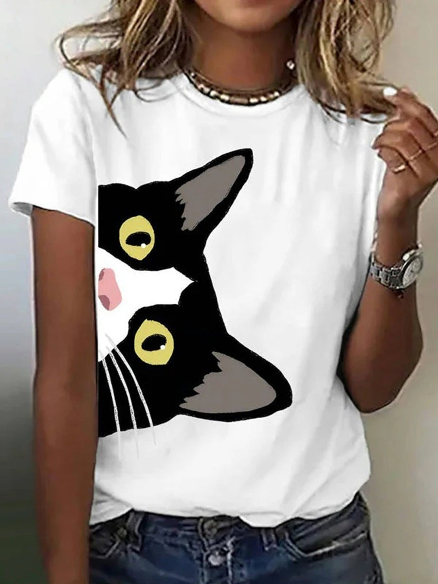 Cartoon Cat Print Round Neck Short Sleeve Casual T-Shirt