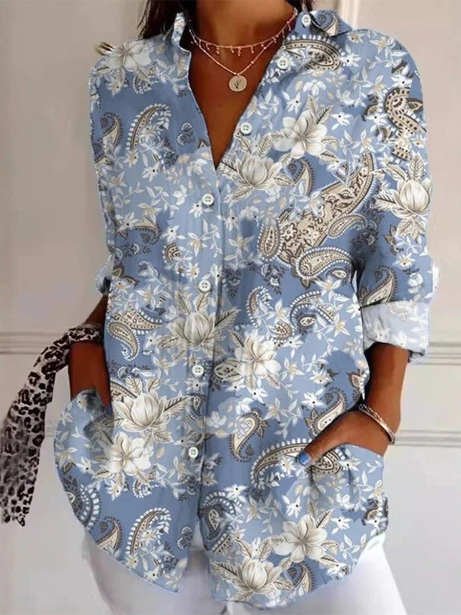 Floral Print Lapel Long Sleeve Casual Comfy Blouse