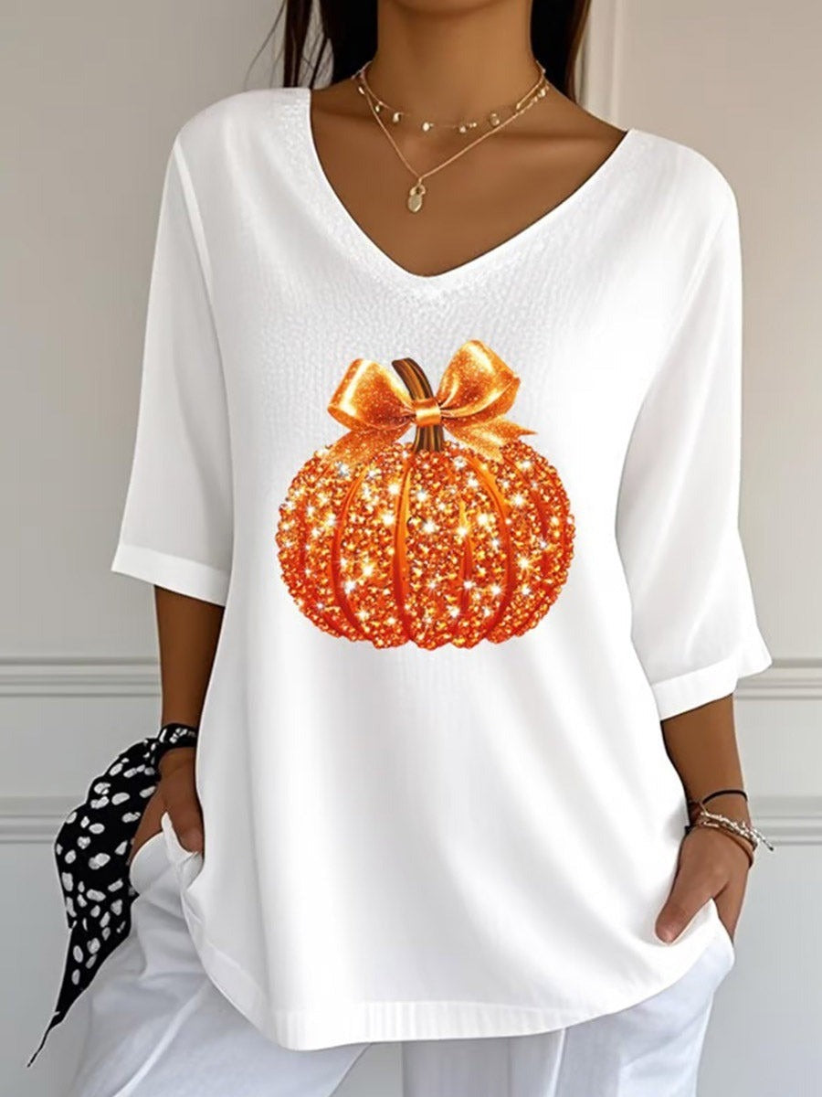 Sequined Pumpkin Print V-Neck 3/4 Sleeve Casual Loose Blouse