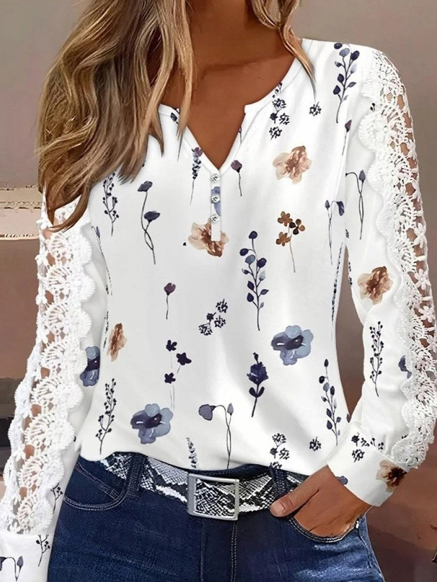 Elegant Plant Print V-neck Lace Long Sleeve Tops
