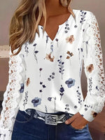 Elegant Plant Print V-neck Lace Long Sleeve Tops